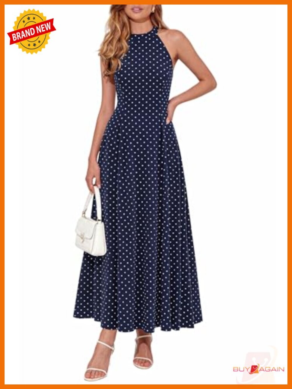 Flowy Halter Maxi Dress Sleeveless Polka Dot A-Line Beach Vacation